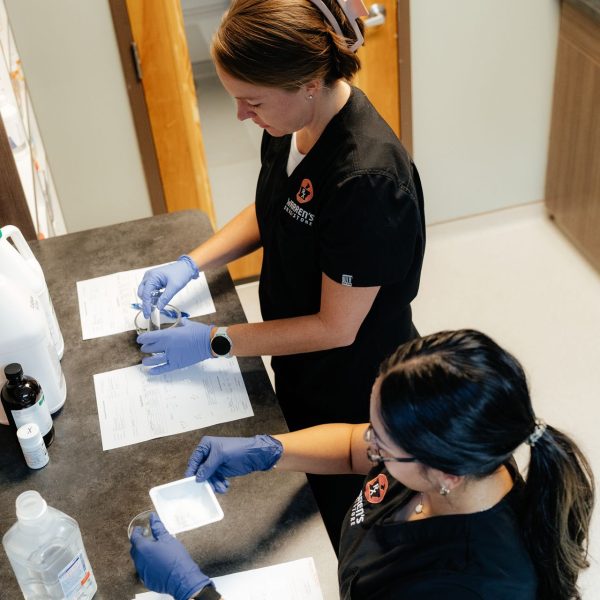 Warren's drug store compounding staff from above preparing prescription