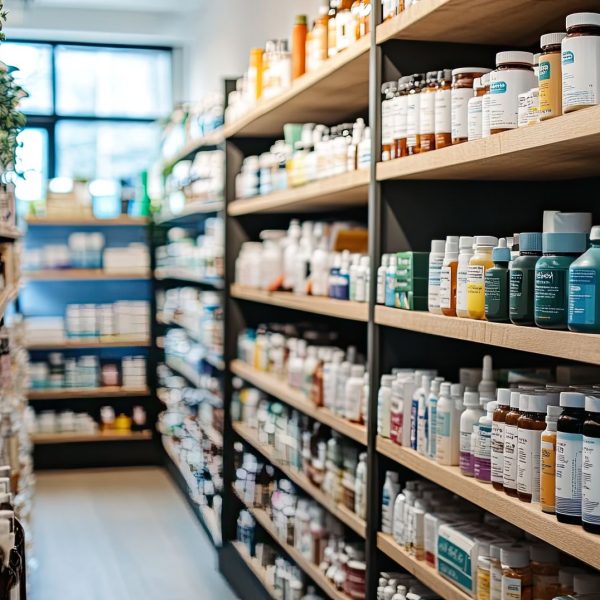 Pharmacy with shelves of medicines, supplements, and supplies