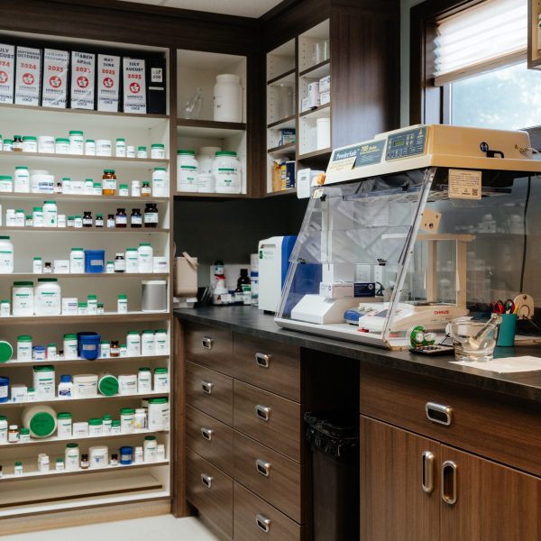 Compounding equipment and shelves inside Warren's Drug Store