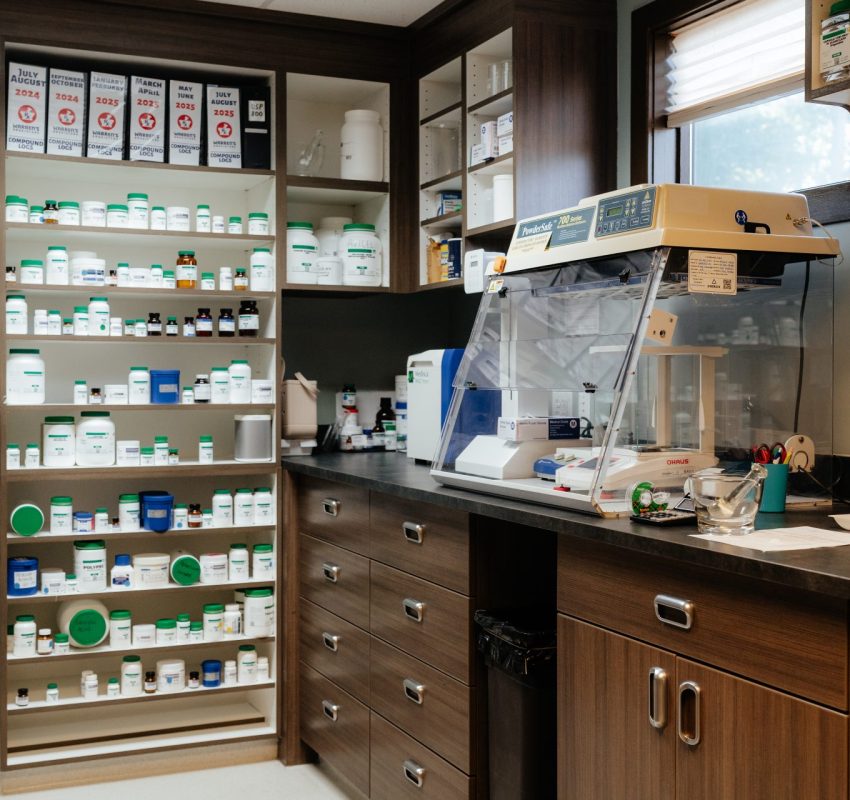 Compounding equipment and shelves inside Warren's Drug Store