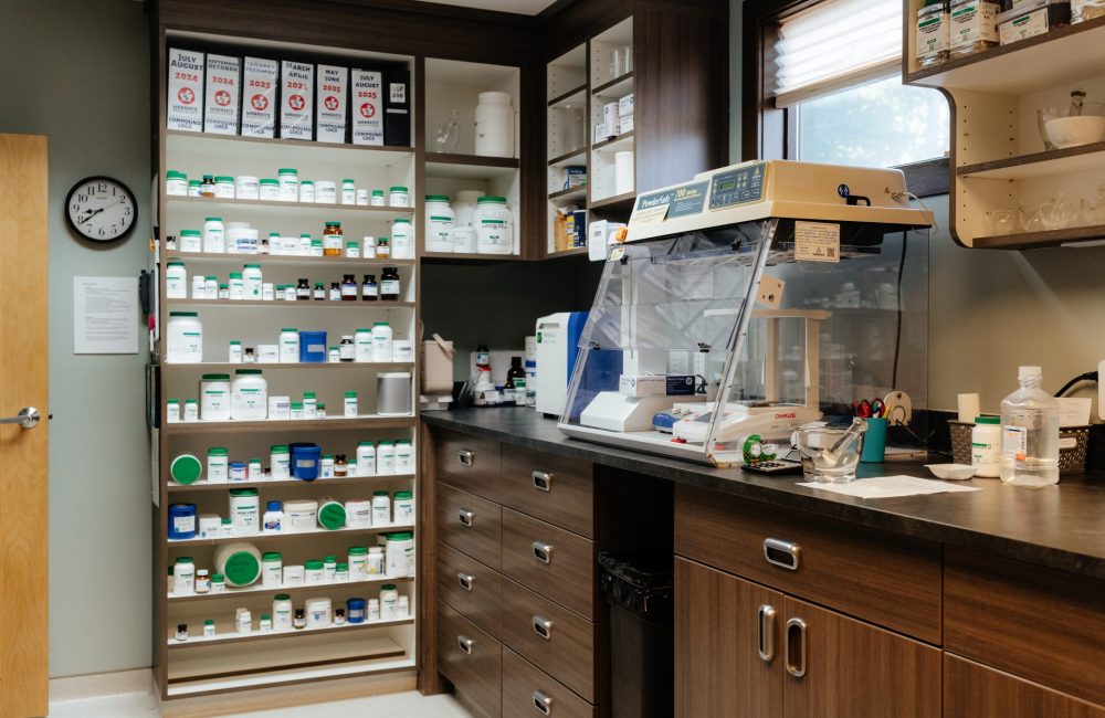 Compounding equipment and shelves inside Warren's Drug Store
